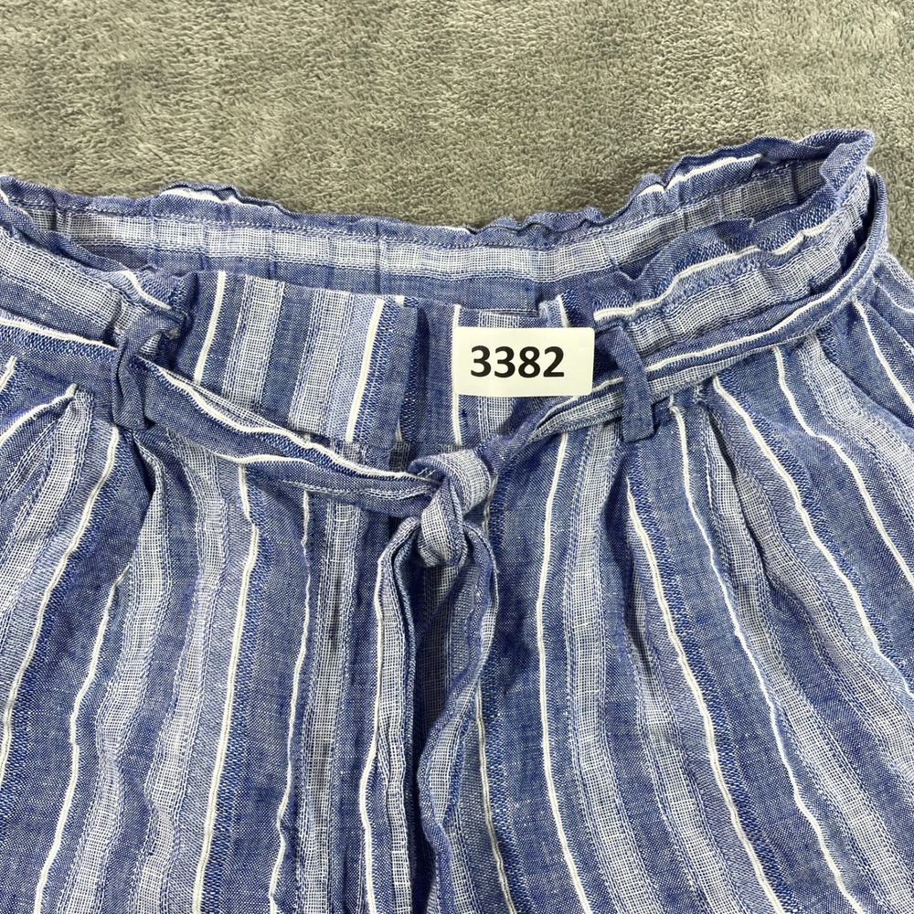H&M Shorts Womens 8 Blue Striped Linen Blend Paperbag Waist Tie Belt Casual